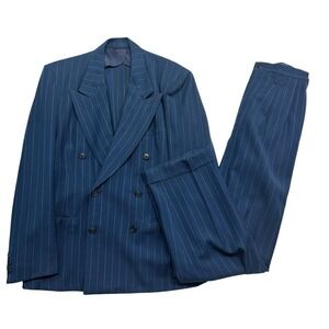 vtg 1940s Medium Blue Chalk Stripe 38R 30x32 Double Breasted 2pc Pant Suit Wool